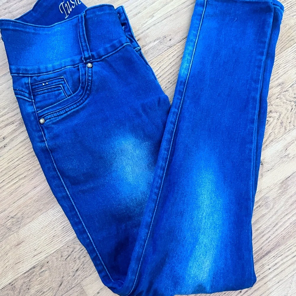 Juniors Ladies Size 7 Tush Push Blue Denim Jeans Crystals Bedazzles  GUC - Picture 9 of 9